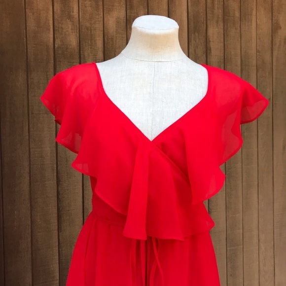 Anthropologie Yumi Kim Womens Red Wrap Midi Dress Ruffle Crepe Large - Picture 7 of 16